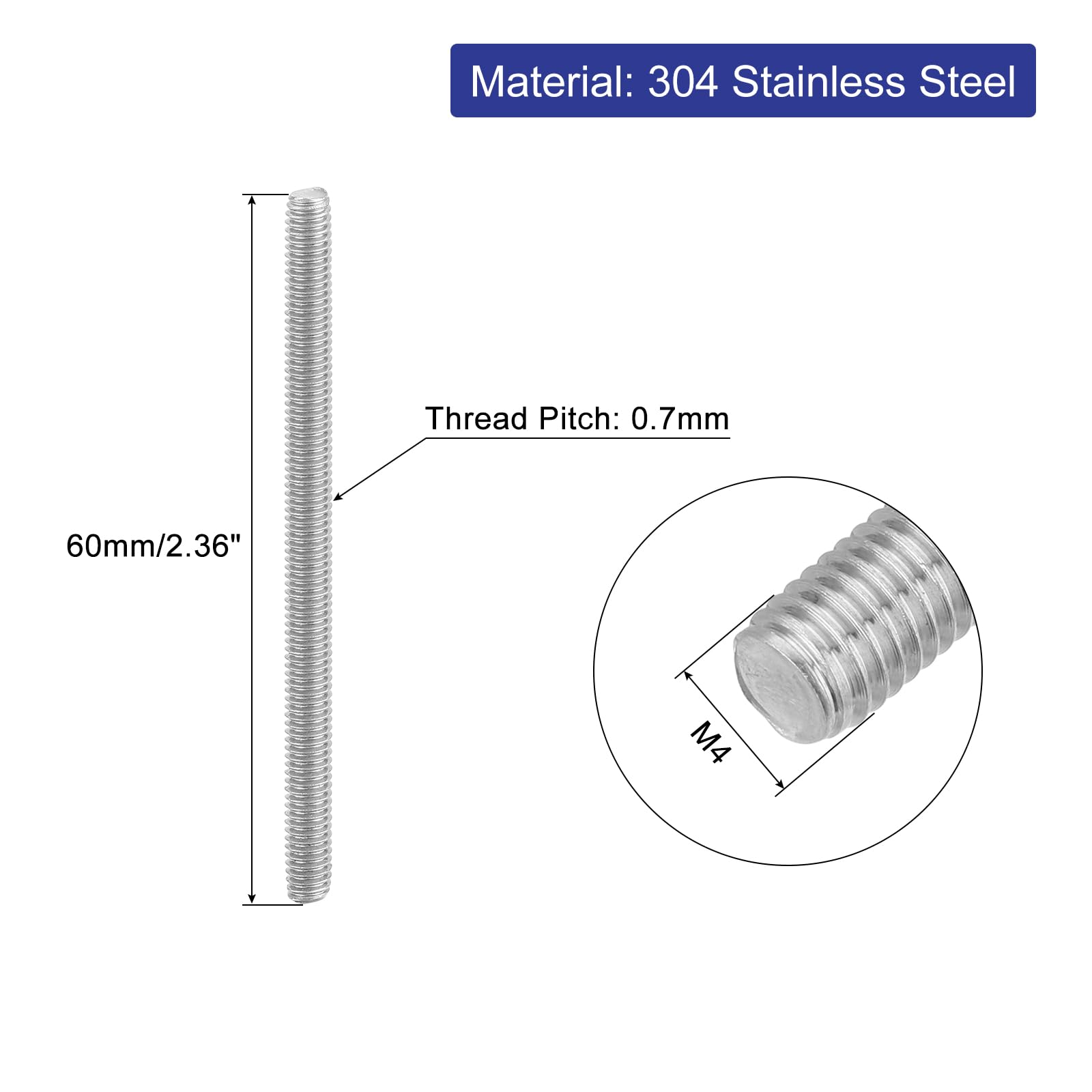 QUARKZMAN 16Pcs Tiges Filetées Entièrement, M4 x 60mm Acier Inoxydable 304 Goujons de Barre Filetée à Droite Pas de Filetage M4-0.7 pour l'Assemblage de Machines de Meubles