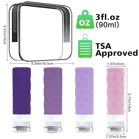 Travel Bottles for Toiletries, 4pcs Tsa Approved 3oz Travel Size Containers, BPA Free Leak Proof Premium Silicone Bottles, Refillable Liquid Squeezable Accessories W/Toiletry Bag(Mint)