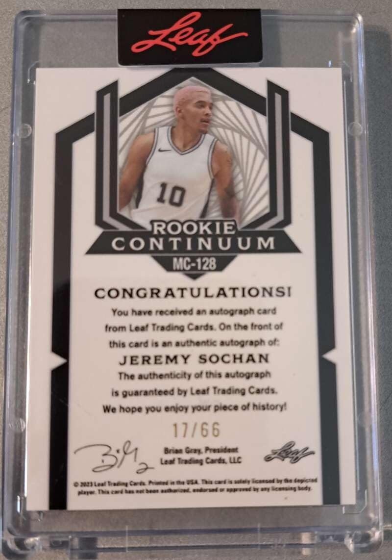 JEREMY SOCHAN RC AUTO 2023 Leaf ROOKIE Continuum 27/66 Autograph #128 Spurs MT-MT+ NBA Basketball