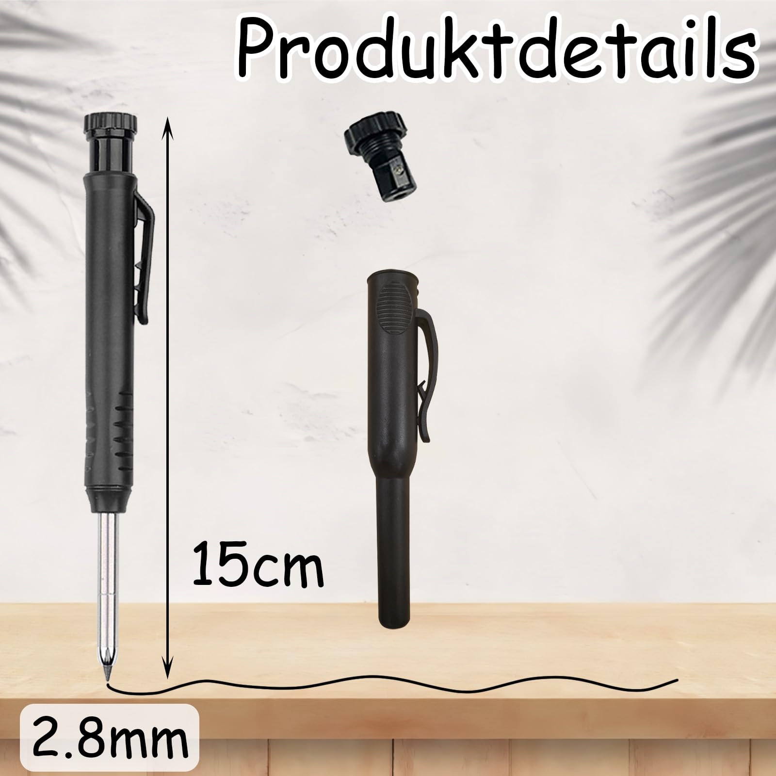 Schwarz 14.5cm Tieflochmarker, 2.8mm Zimmermannsbleistift mit Stiftkappe, Tieflochmarker Bleistift, Bleistift Baustelle, Bohrlochmarker für Tischlerei, Bauindustrie, Inneneinrichtung