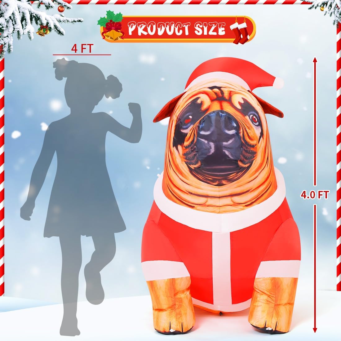 COMIN 4 FT Tall Christmas Inflatables Dog Outdoor Decorations Christmas Blow Up Bulldog Inflatable with Built-in LED Lights Yard Decoration for Holiday Indoor Lawn Garden