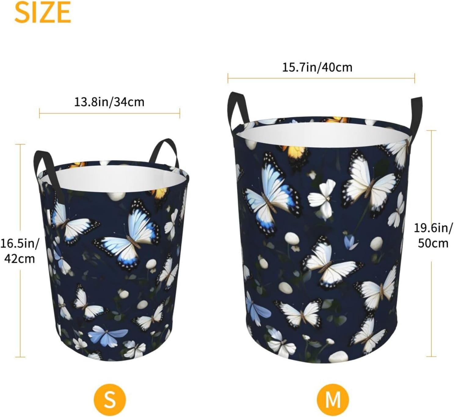 White Blooms With Blue Butterflies Print Circular Protable Storage Bin,Basket For Laundry Hamper With Handles Bedroom Clothes
