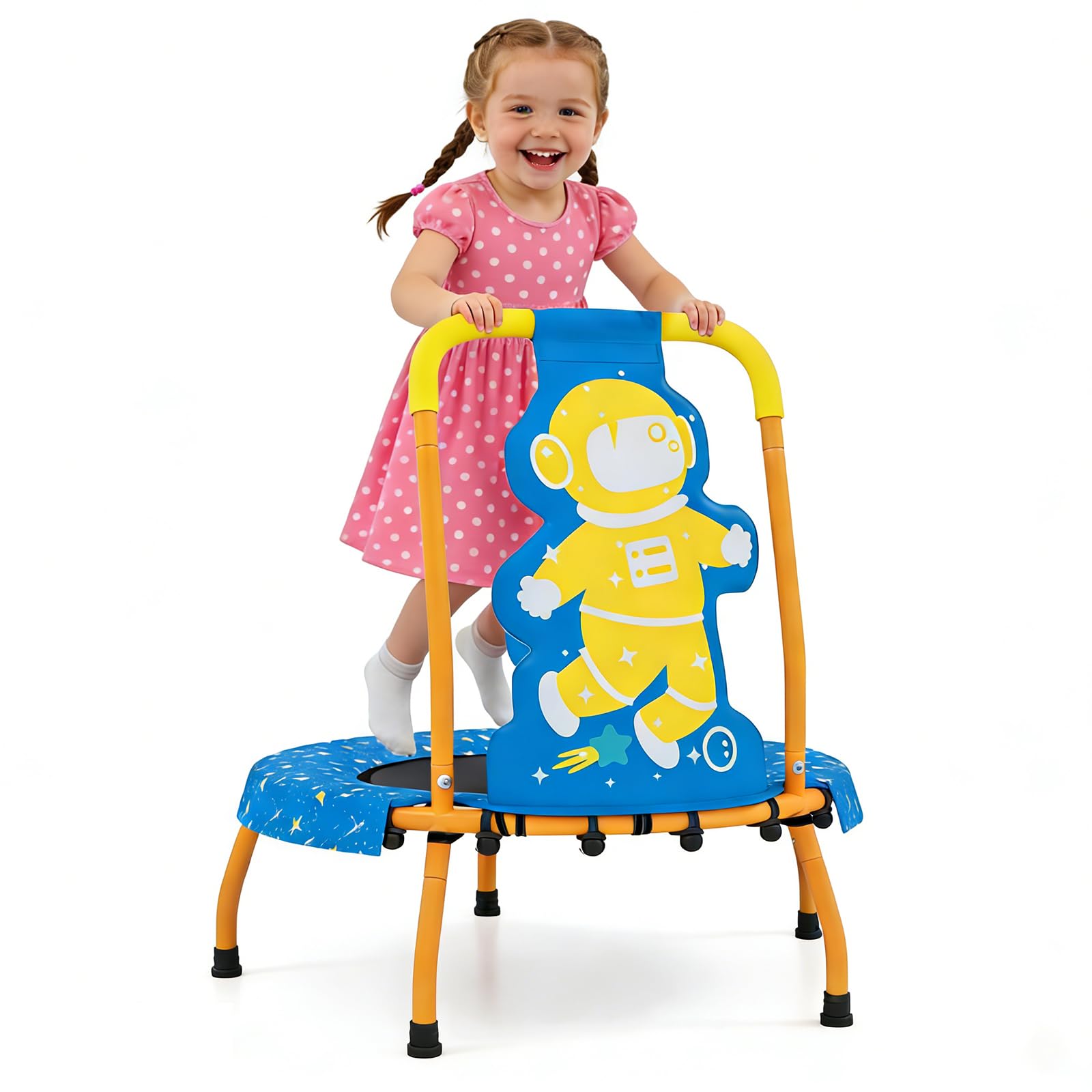 GYMAX Trampolino per Bambini 71cm con Maniglia, Tappetino di Sicurezza Senza Spazi e Maniglia in Schiuma, Trampolino Piccolo da Interno per Bambini 3+ Anni, Portata 80 Kg