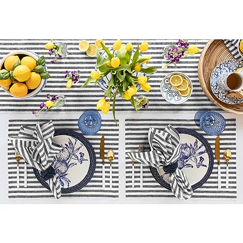 Image of Solino Home 100% Pure Linen Placemats, 14 x 19 in, Black Striped, Set of 4