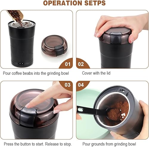 Miniatura 5 de Molinillo de café eléctrico, molinillo de hierbas, molinillo de granos de café pequeño, molinillo de especias con cuchara de cepillo integrada para