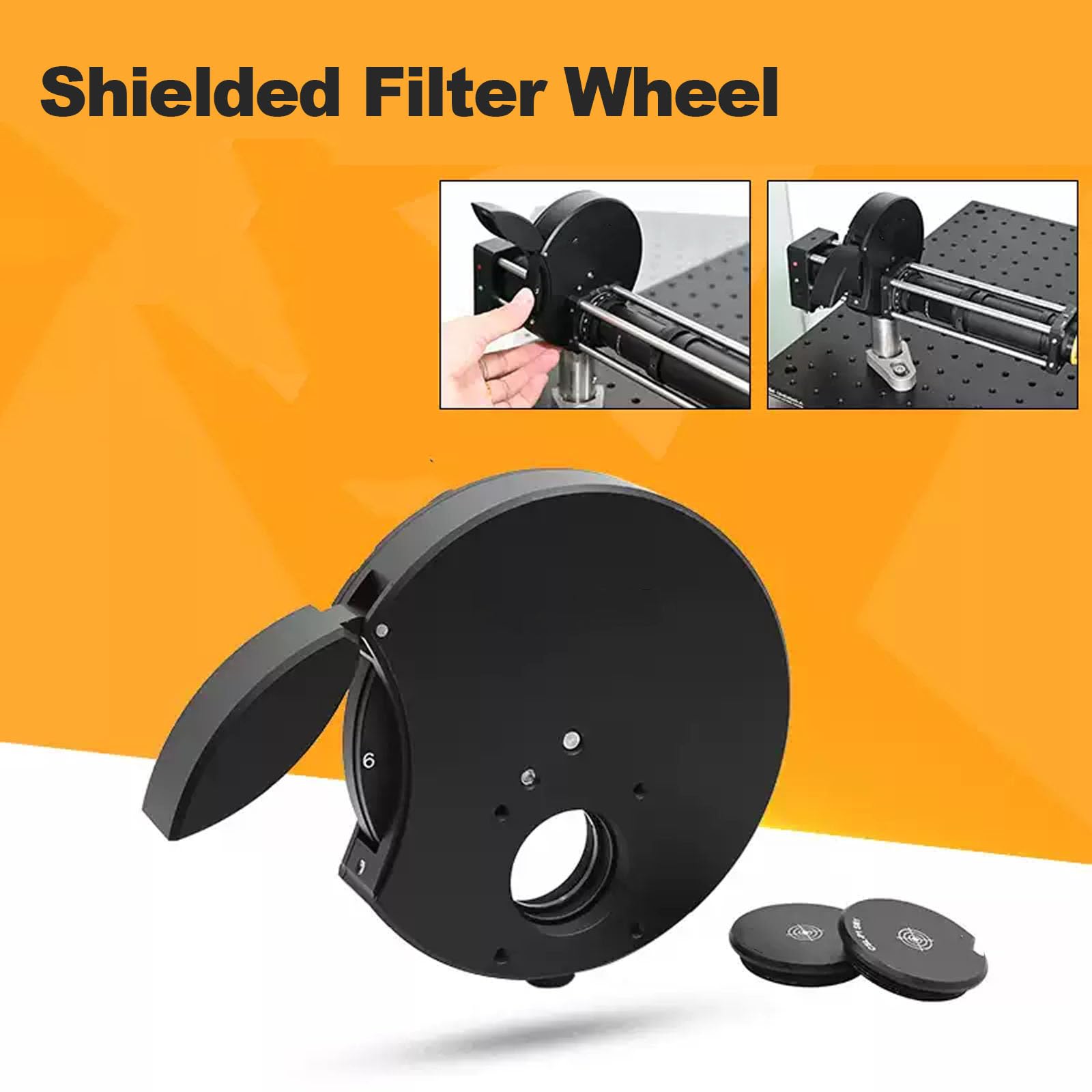 Soporte de rueda de filtro de 6 posiciones, diseño coaxial tipo jaula con cubierta de blindaje, aleación de aluminio 7075, capacidad para 6 ópticas de 1 pulgada, agujeros roscados M4 y M6