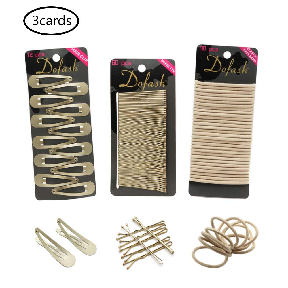 Dofash 3Cards Women's Hair Styling Set - Bobby Pins Hair Pins 60pcs+Hyper Elastics Hiar Ties 30pcs+Snap Hair Clips for Thick Hair 12pcs (Blonde)