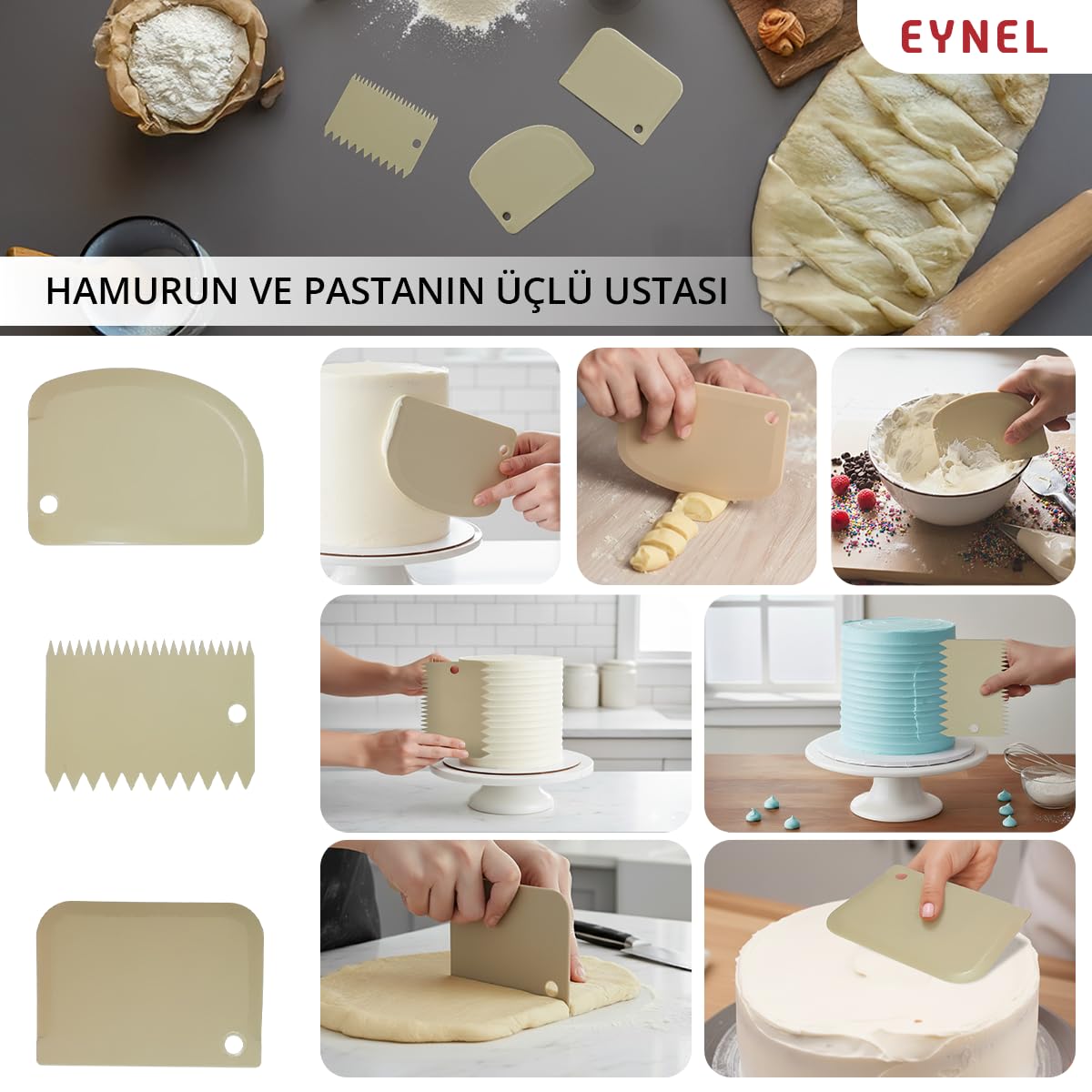 3’lü Hamur Pasta Kesici Kazıyıcı Dilimleyici Şekillendirici Plastik Aparat (Asortili)