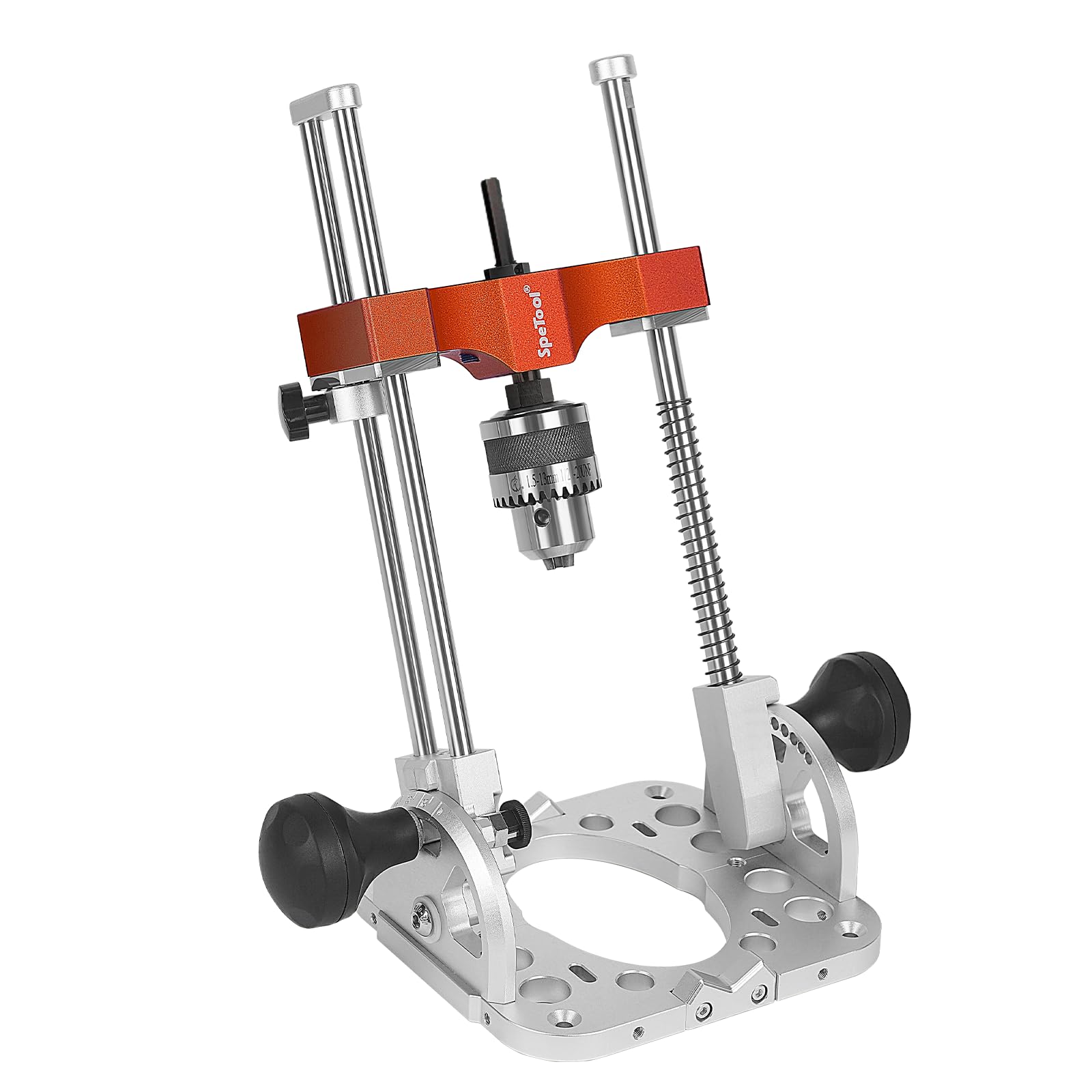 SpeTool Soporte de taladro para destornillador con rodamientos de bolas, barras guía, portabrocas de 1/2 pulgadas, soporte ajustable de 0 a 60°, soporte móvil para taladros rectos, trabajo de madera
