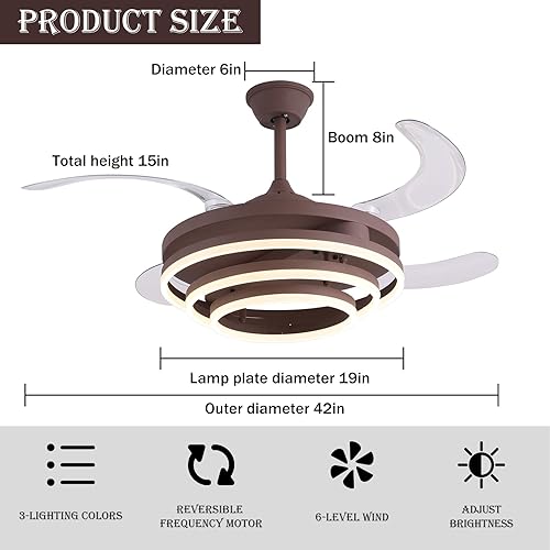 Miniatura 9 de Panghuhu88 Lámpara de araña invisible para ventilador de techo de 42 pulgadas, moderna lámpara de ventilador de techo con control remoto, 4 aspas