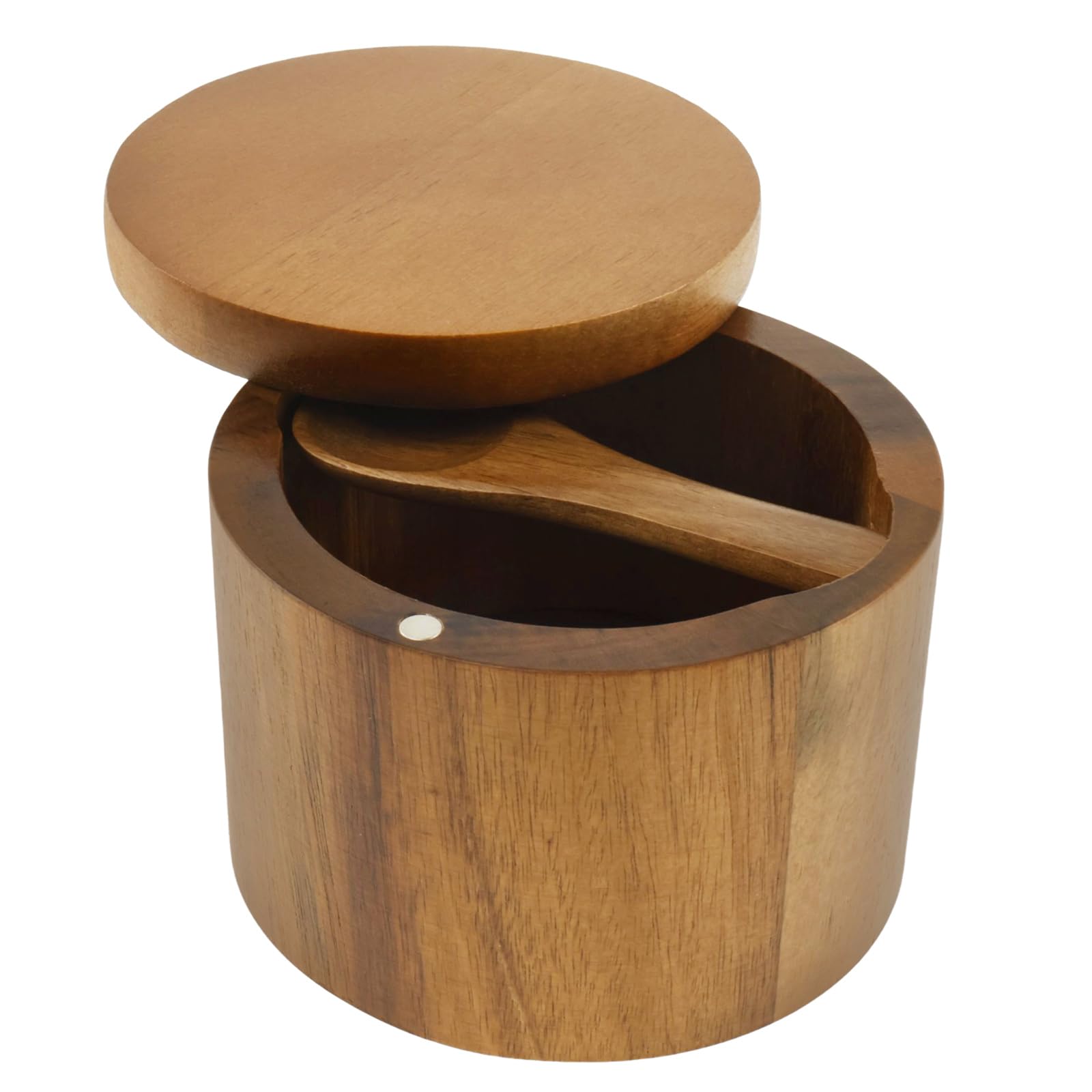 YUNYOUC Acacia Wood Salt Bowl with Built in Spoon and Magnetic Swivel Lid, Round Salt Cellar Kitchen Pepper Cellar Holder for Storing Pepper Sugar Spice (One Compartment)