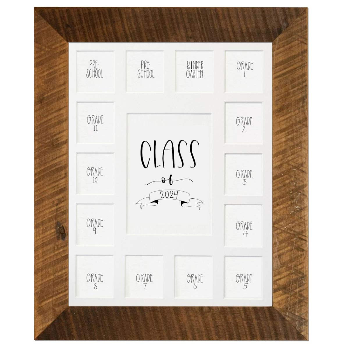Rustic Red Door Co. School Years Reclaimed Wood Picture Frame - 11x14 Wooden Framed 15 Photo Collage Mat Pre-School &amp; Kindergarten to 12th Grade High School Graduation (Class of 2024, White)