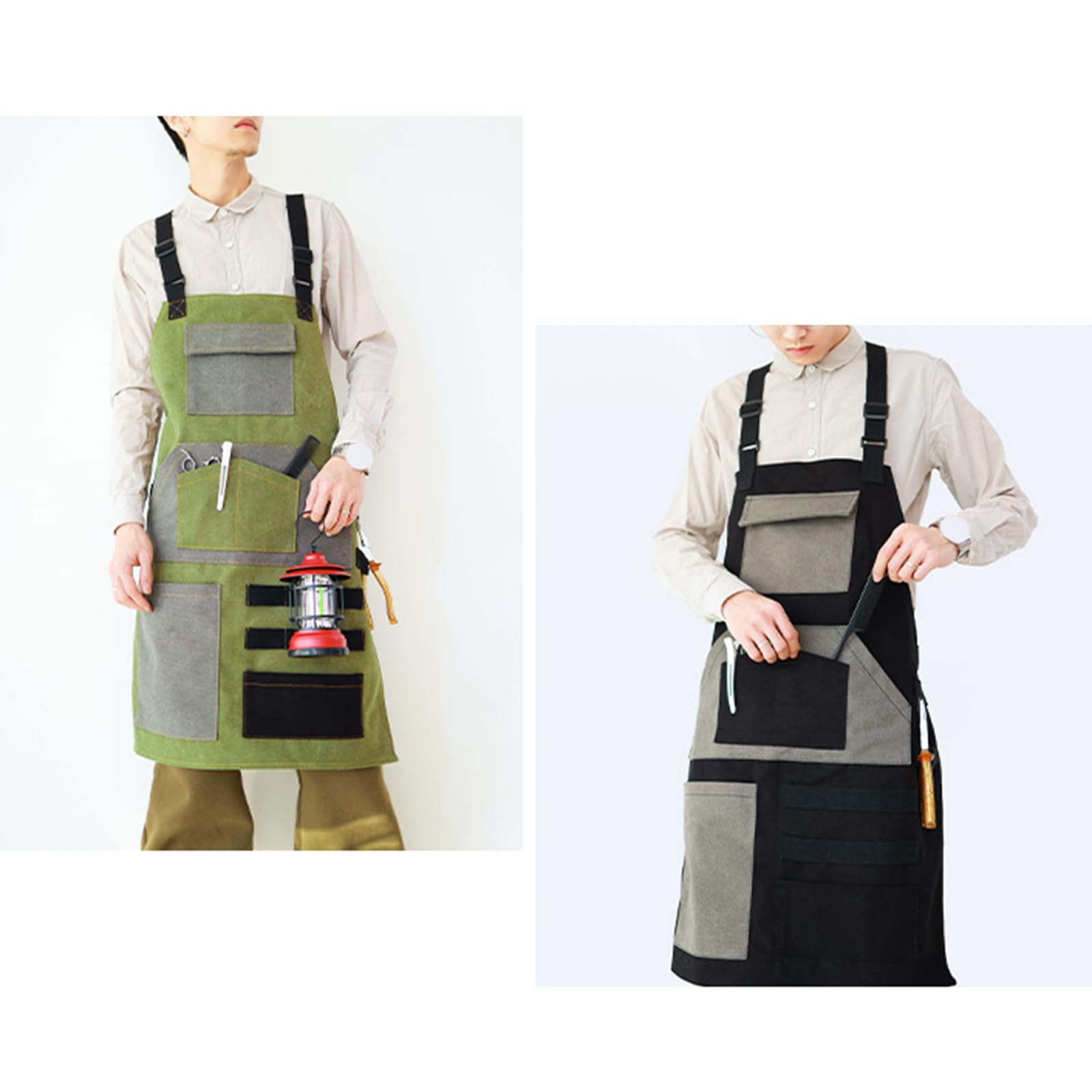 delantal, Delantales de chef for hombre y mujer, delantal camarero con bolsillos, lona, ​​con espalda cruzada, resistente, color verde(Green)