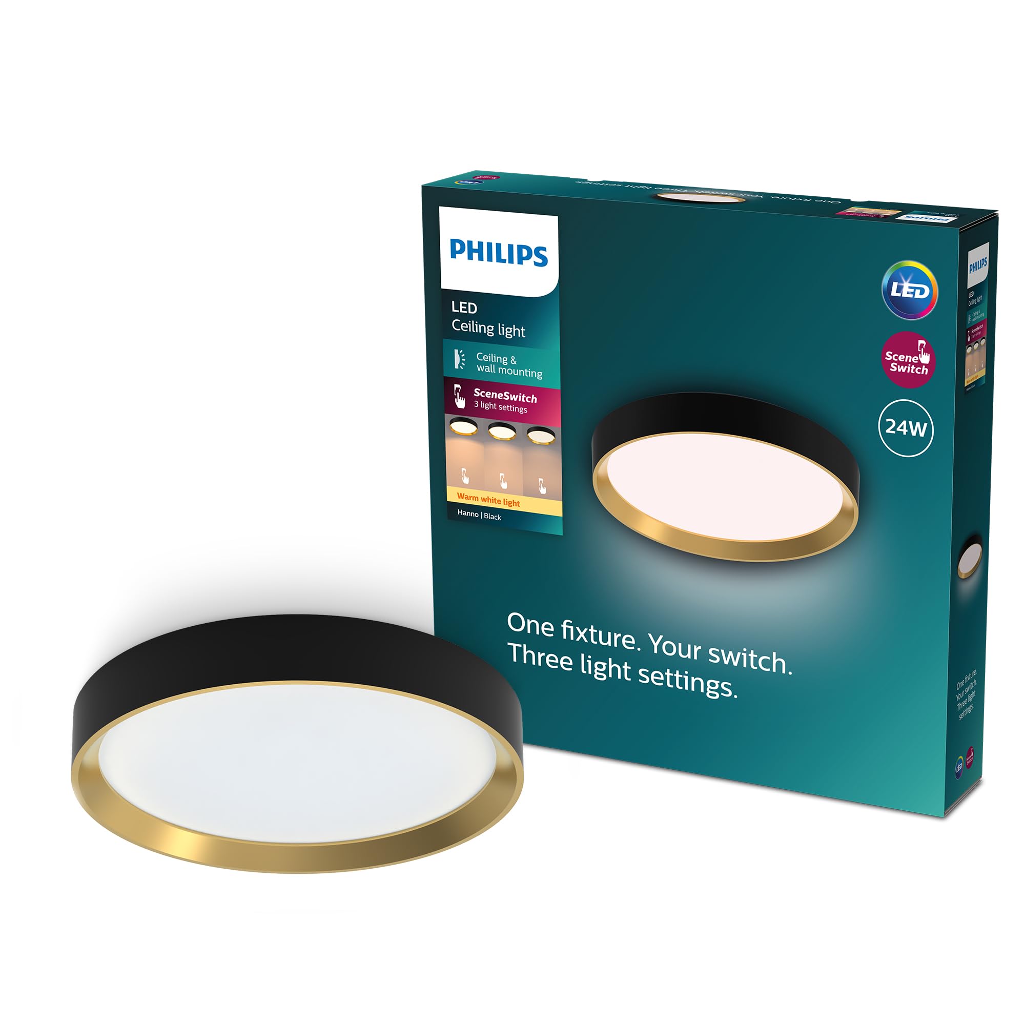 Philips Hanno SceneSwitch LED Deckenleuchte, rund, 24 W, 2700 Lumen, 2700 K, Schwarz, IP20, warmweißes Licht, 3 Lichteinstellungen