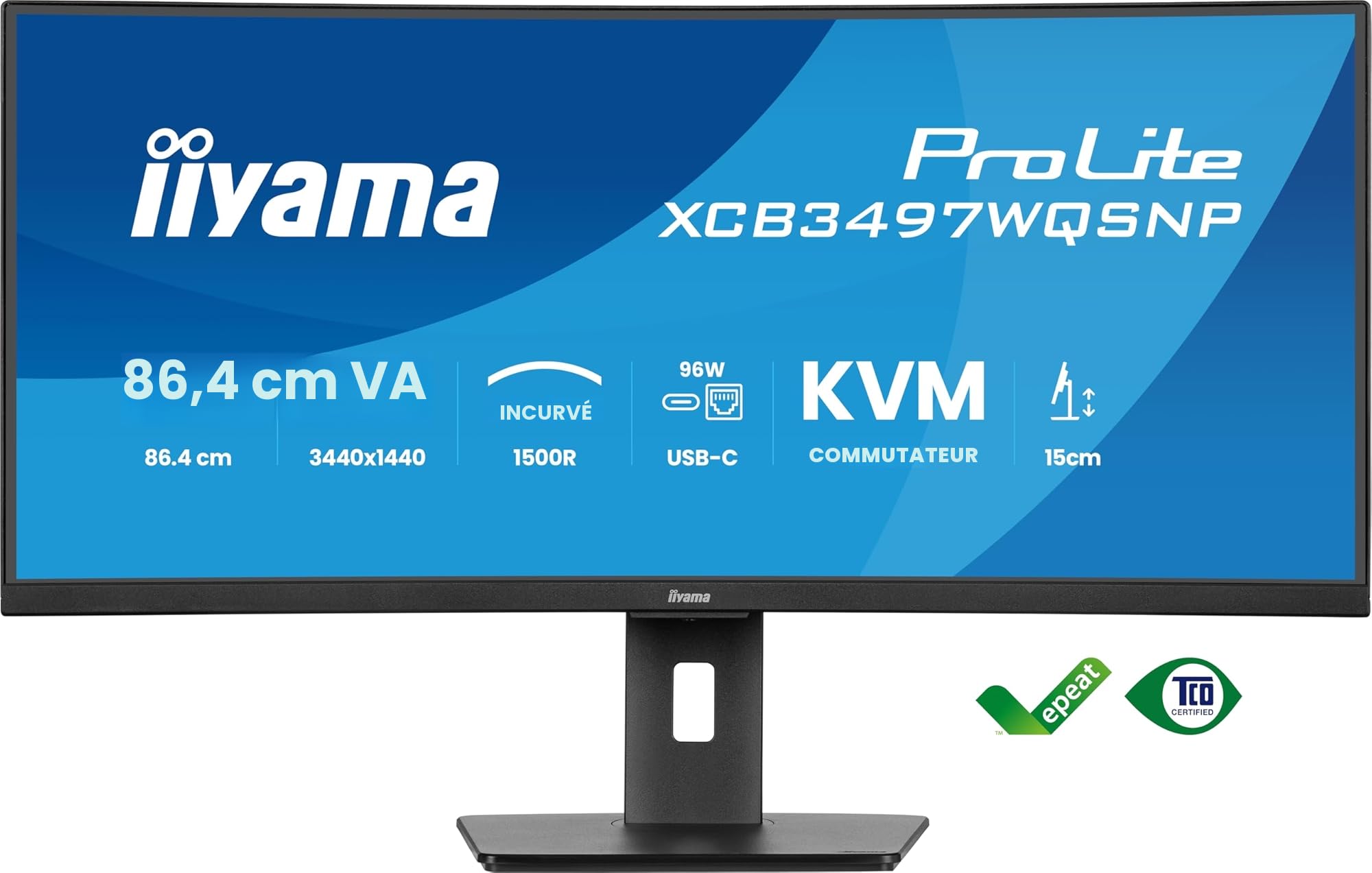 iiyama Prolite XCB3497WQSNP-B1, VA incurvé, UWQHD@120Hz, 0.4ms, 350cd, FreeSync, HP, DP/HDMI/USB-C, USB HUB, 1xUSB-C Dock (95W), réglable en Hauteur, i-Style Colour, TCO, Garantie 5 Ans