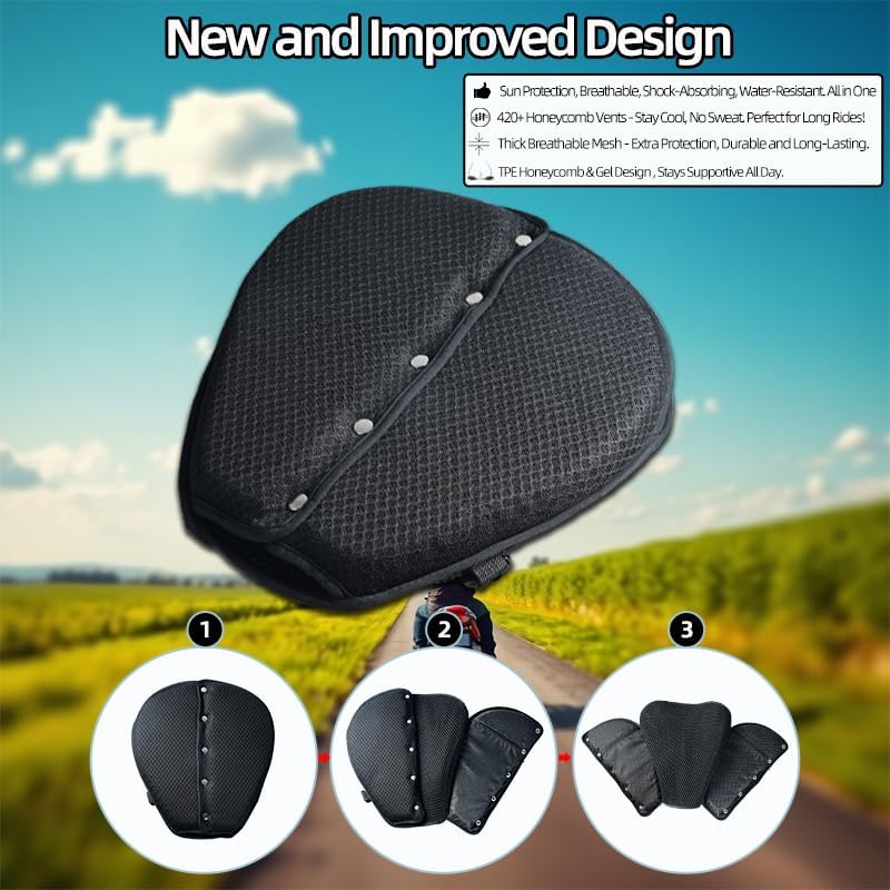 Large 3D Honeycomb Motorcycle Gel Seat Cushion - Foldable Pressure Relief & Breathable Pad with Anti-Slip Straps for Long Rides