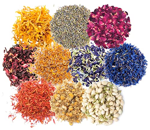 Image of A D Food & Herbs Combo of Dried Jasmine, Safflower, Lavender, Butterfly Pea, Marigold, Rose, Hibiscus, Blue Cornflower, Chamomile, Calendula Flowers Each of (20 GMS)