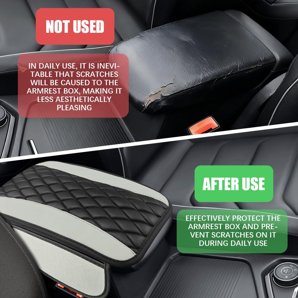 Copertura per console centrale auto, in pelle antiscivolo, cuscino decorativo per bracciolo auto, con 2 sacchetti portaoggetti, copertura protettiva universale per auto, camion, SUV (bianco)