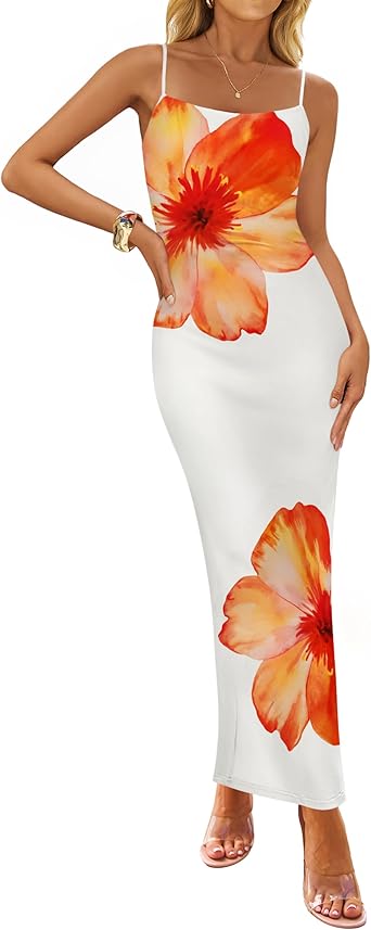 ZESICA Women s Summer Bodycon Maxi Dresses 2026 Floral Spaghetti Strap Square Neck Sleeveless Boho Beach Long Dresses