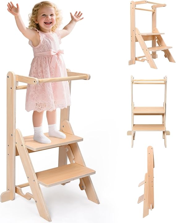 Foldable Learning Tower 1 to 3 Years Observation Tower for Children Montessori Learning Kitchen Aid Made of Natural Wood (Capacity 50 kg)