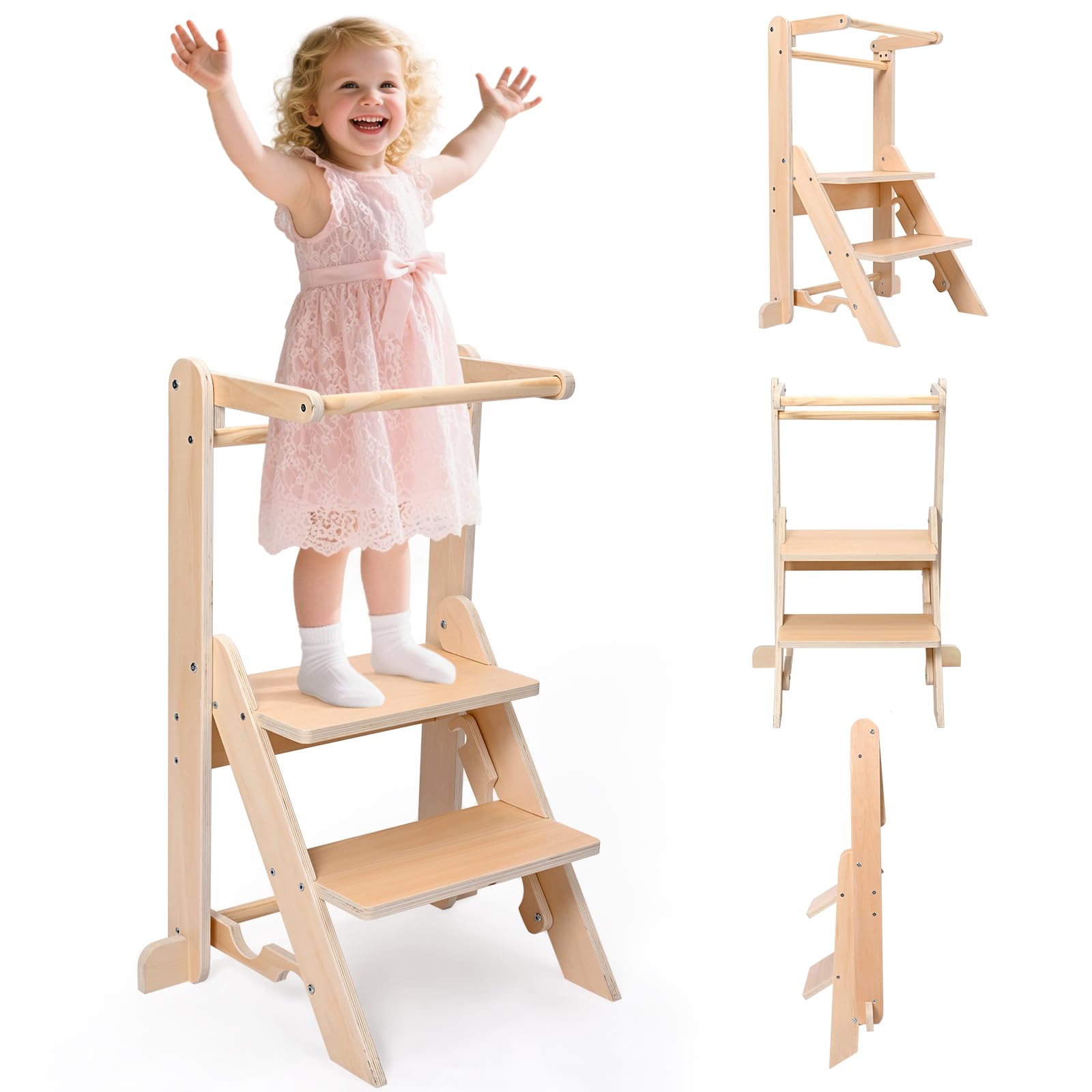 Torre de Aprendizaje Plegable, Torre de observación para niños de 1 a 5 años, Aprendizaje Montessori, ayudante de Cocina de Madera Natural, Segura y fácil de Montar (Capacidad de 50 kg)