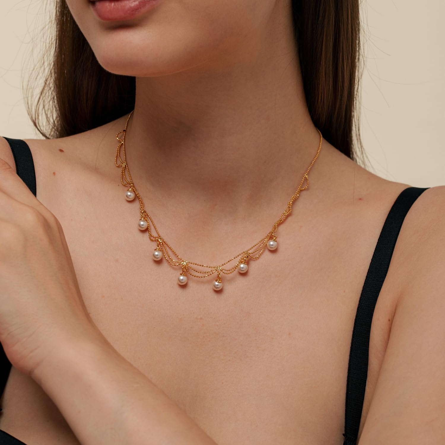 White Pearl 18k Gold Plated Beaded Link Necklace 17.3" Tennis Choker Necklace Vintage Chain necklace Jewellery Trendy Gift for Girlfriend Mother - Image 2