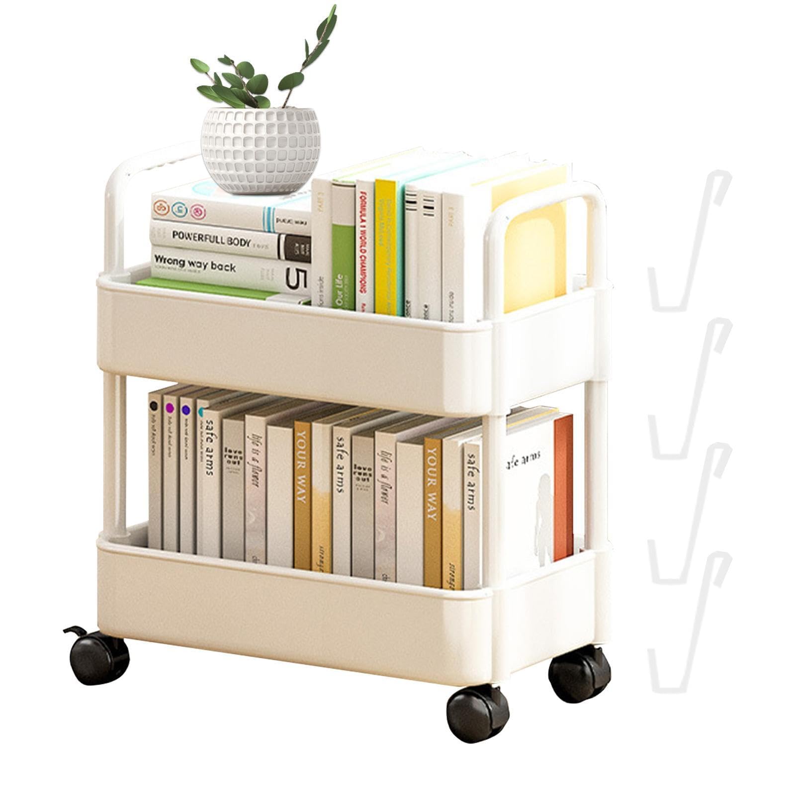 Bibliothèque mobile avec roulettes - Chariot de rangement à 2 niveaux - Étagère de rangement pour jouets - Chariot de cuisine pour organiser de nombreux livres et magazines - 37 x 25 x 43,5 cm