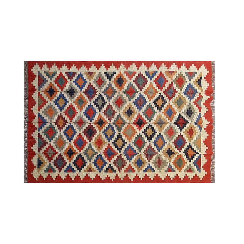 budhrajrugs Handwoven Flat Weave Ikat Large Size Wool and Jute Indian Kilim Pettern Dhurrie Rug Handmade by Village Artisans Reversible 6x9 Feet Rug.