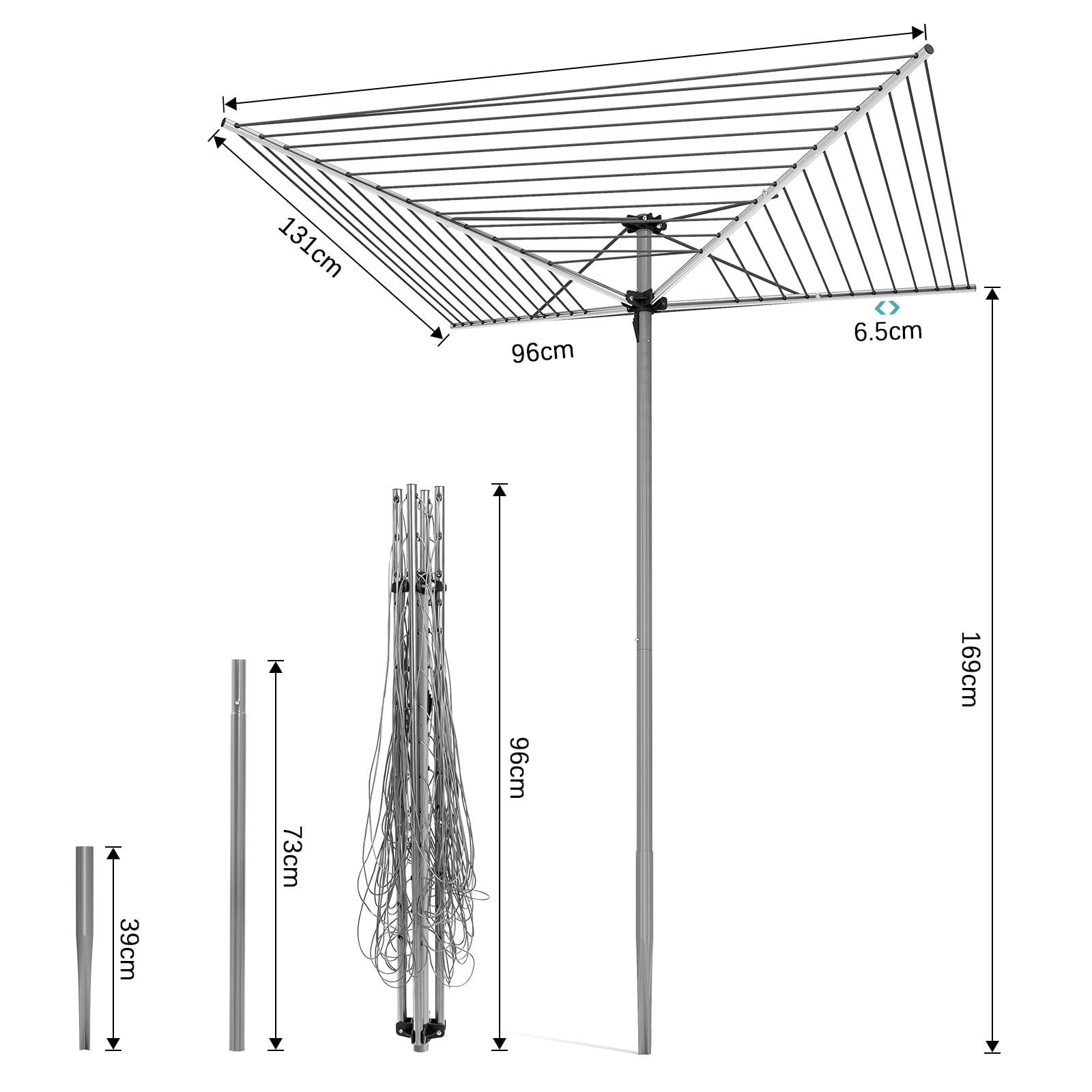 SYKIARIOL Wäschespinne, Stabiler Wäscheständer für Garten, Wäschetrockner mit Metall-Erdspieß und Aufbewahrungstasche, robuste Vierkantarme (Silber, 40m)