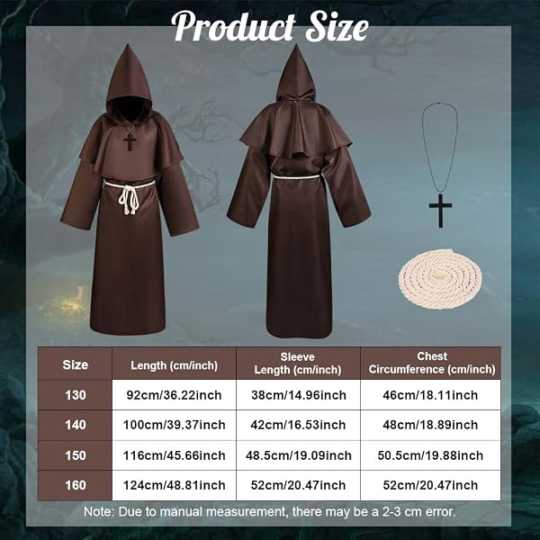 AUYAO Costume da Monaco Bambino, Medievale Halloween Monaco Sacerdote Accappatoio, Cosplay Costume Robe Mantello con Cappuccio, Abito Costume Monaco Saio Vestito da Monaco per Halloween Carnevale - 2