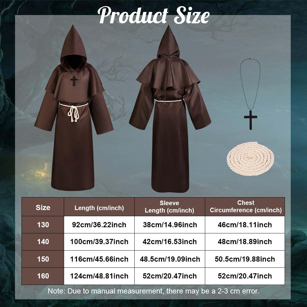 AUYAO Costume da Monaco Bambino, Medievale Halloween Monaco Sacerdote Accappatoio, Cosplay Costume Robe Mantello con Cappuccio, Abito Costume Monaco Saio Vestito da Monaco per Halloween Carnevale