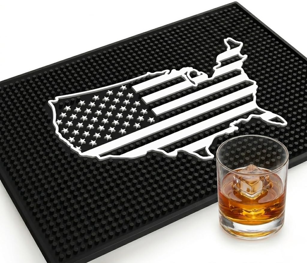 American Flag Bar Mat - Patriotic 18"x12" Rubber Bar Mat for Home Bar, Wet Bar, Countertop & Man Cave, Non-Slip Spill Mat for Cocktail Station, USA Gift for Veterans