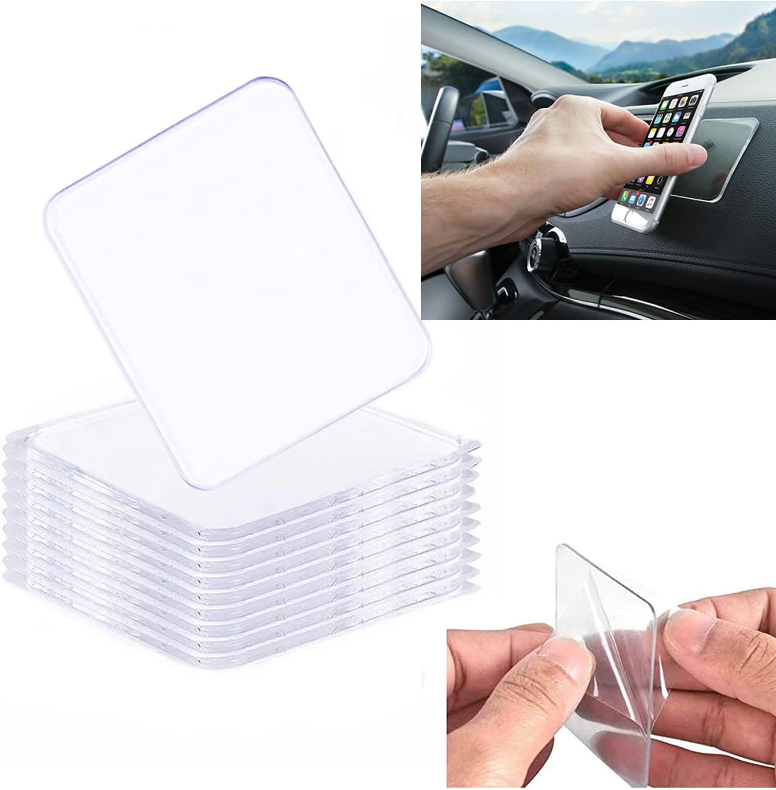 Traceless Super Sticky Gel Pads Anti-Slip Double Sided Gripping Pads for Auto Car Home Cell Phone Glass Photo Holder with Easy Remove Washable Reusable Design Pack of 10 (Transparent)