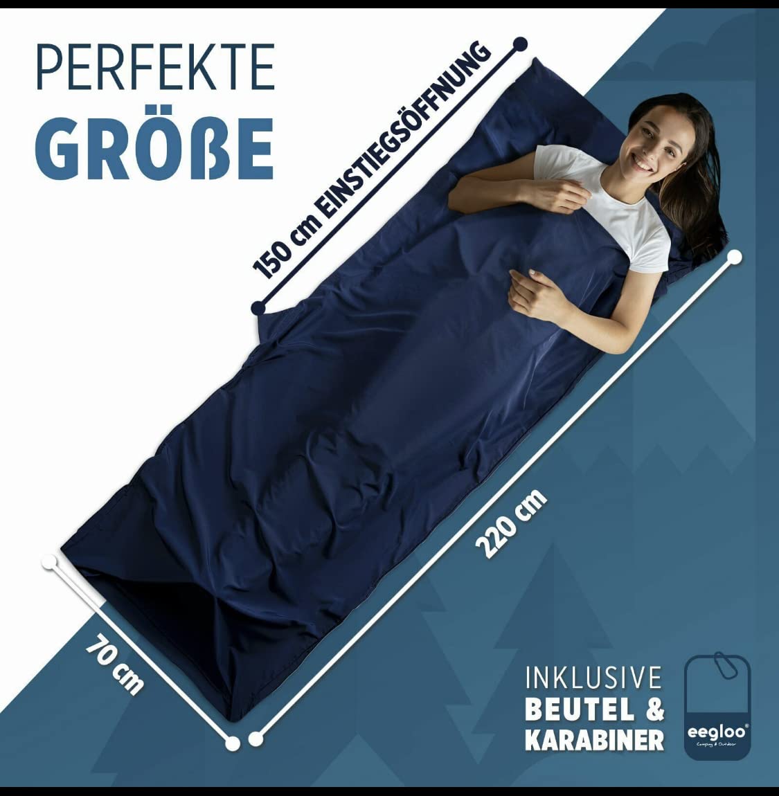 Hüttenschlafsack Berghüttenschlafsack Hostel Karabiner Schlafsack Camping leicht 190g Netzbeutel 220 x 70cm Navy Blau