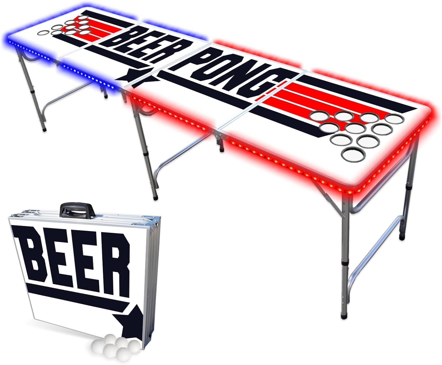 PARTYPONG Standard 8-Foot Folding Beer Pong Table w/Cup Holes & LED Lights - Top Pong Edition