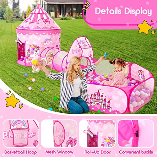 Image of 3pc Kids Play Tent for Girls with Ball Pit, Crawl Tunnel, Princess Tents for Toddlers, Baby Space World Playhouse Toys (3PC Princess Dream Tent)