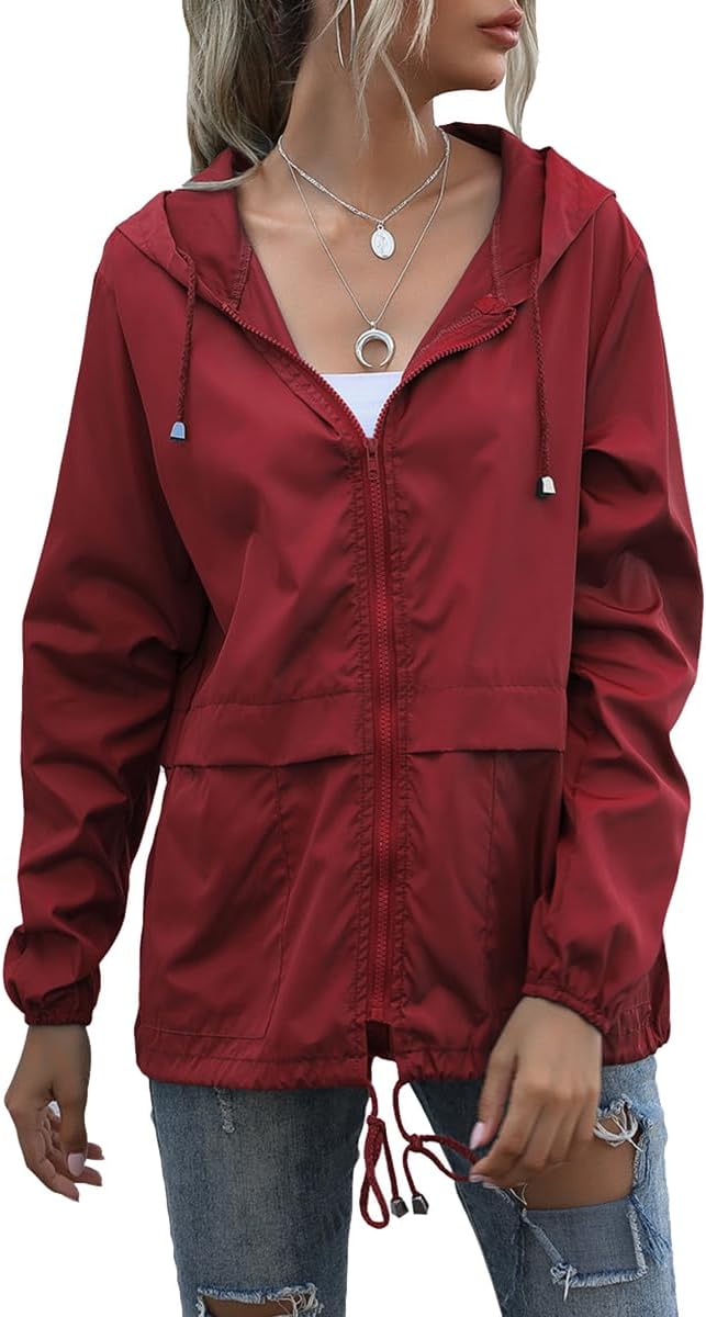 Rain Jacket Women Outdoor Waterproof Lightweight Hooded Raincoat Hiking Travel Windbreaker with Pockets