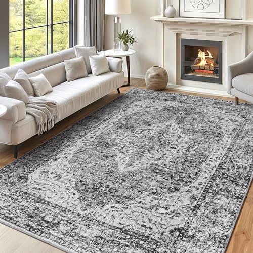 Lofus 8x10 Area Rugs for Living Room, Washable Area Rug, Rugs for Bedroom, Kitchen, Vintage Boho Carpet, Soft Non-Slip, Low Pile Large Area Rug for Office Dining Room, Vintage Dark Grey
