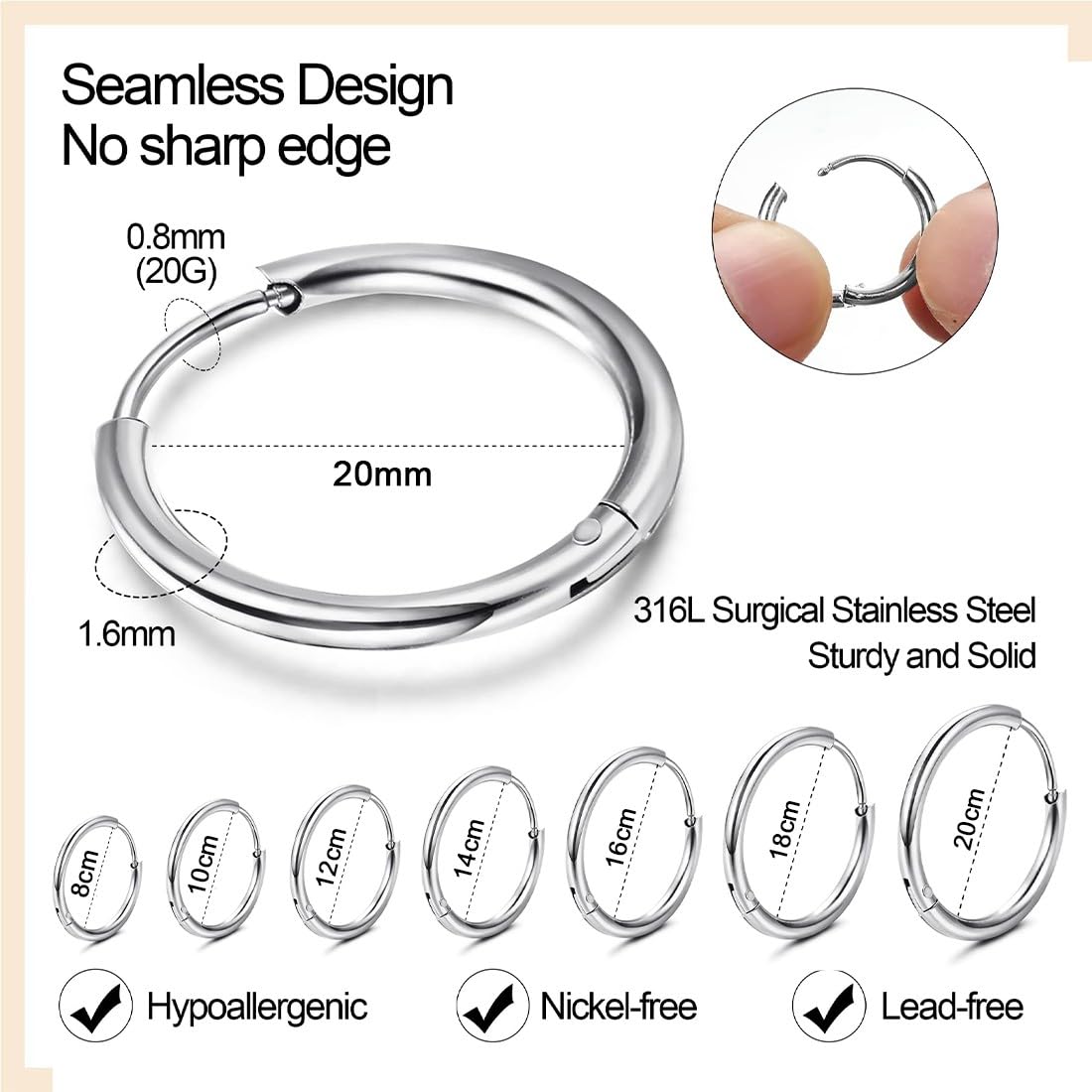 7 Paia di Orecchini Argento a Cerchio per Uomini e Donne, Orecchini Uomo, Orecchini Cerchio, Leggeri, Cartilagine, Ipoallergenico, 8-20 mm, Acciaio Inossidabile