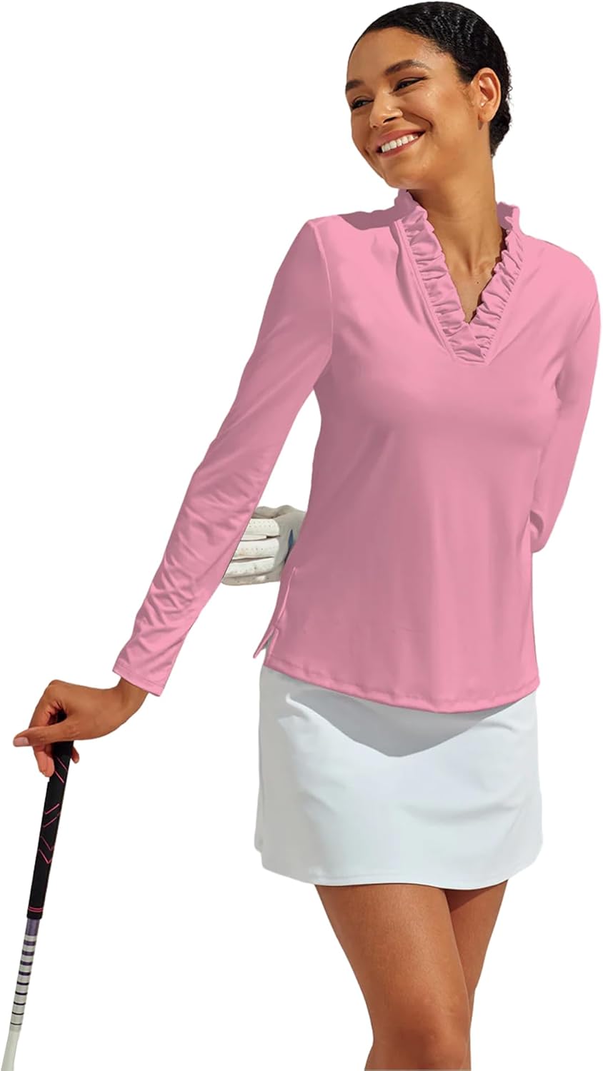 ACEGOLFS Womens Golf Polo Shirts Casual Ruffle V Neck Long Sleeve Tops for Women UPF 50+ Rash Guard Ladies Pullover Shirt