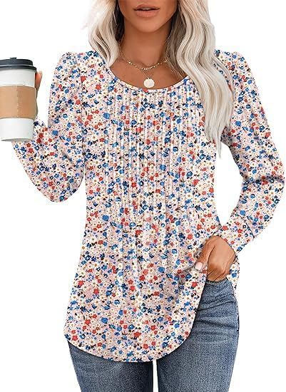 Womens Long Sleeve Shirts Pleated Dressy Casual Blouses Crewneck Trendy Fall Fashion Loose Fit Tunic Tops