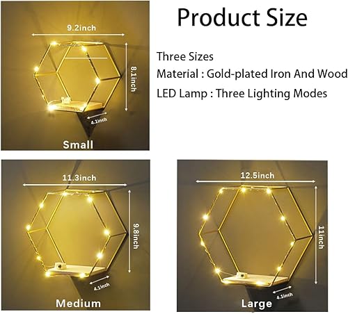 Miniatura 4 de Gold Metal Wire and Wooden Hexagon Floating Shelves Wall Decor, Decorations for Home Shop Bedroom Living Room Bathroom, Set of 3 with LED Lights