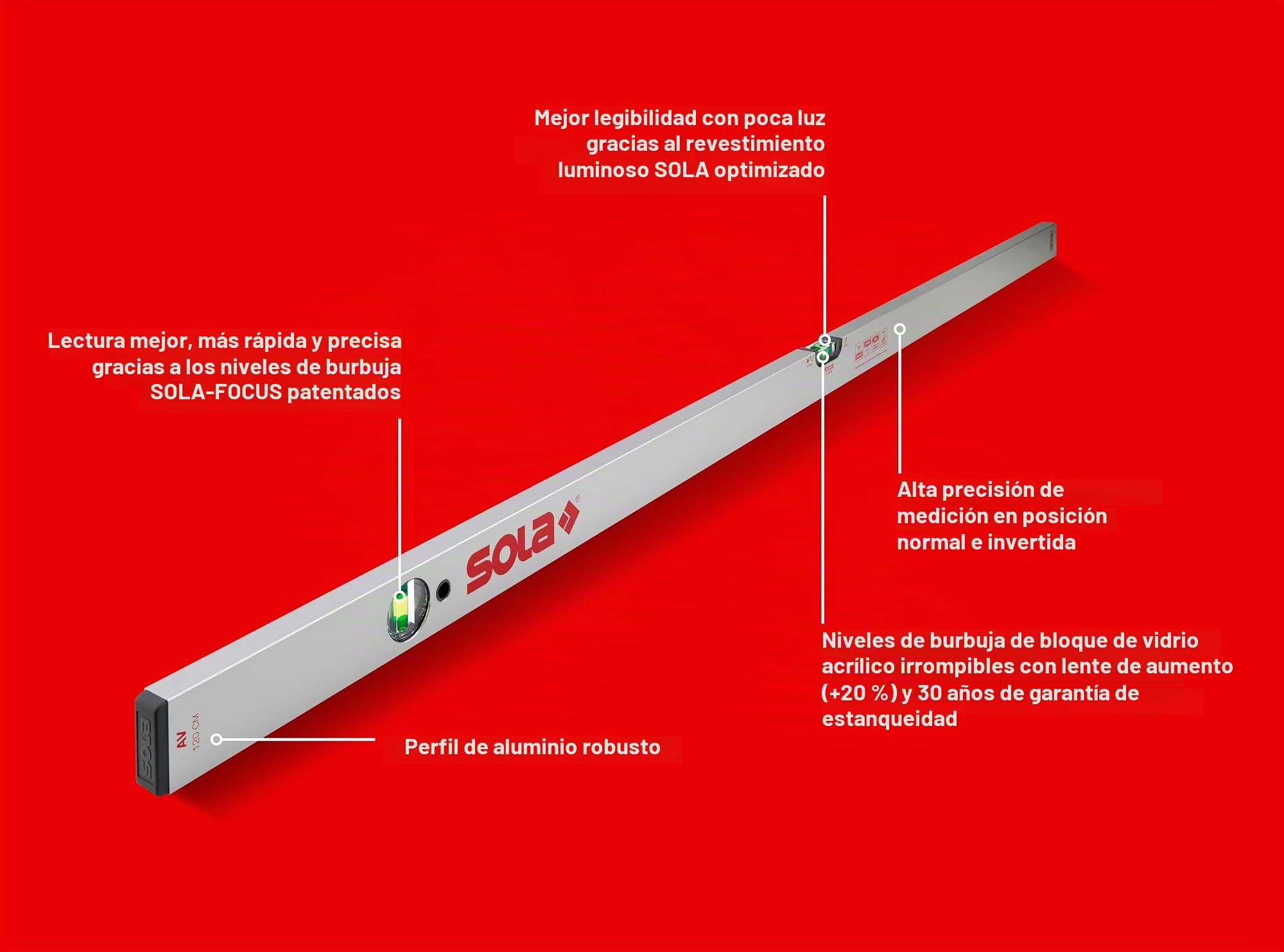 SOLA AV120 - Nivel de burbuja de perfil tubular AV (1200 mm)