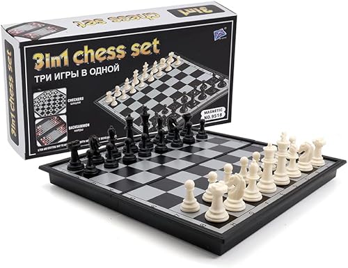 Miniatura 5 de Kaile - Set de ajedrez 3 en 1 con damas y backgammon ajedrez magnético de viaje con estuche plegable de 13 pulgadas