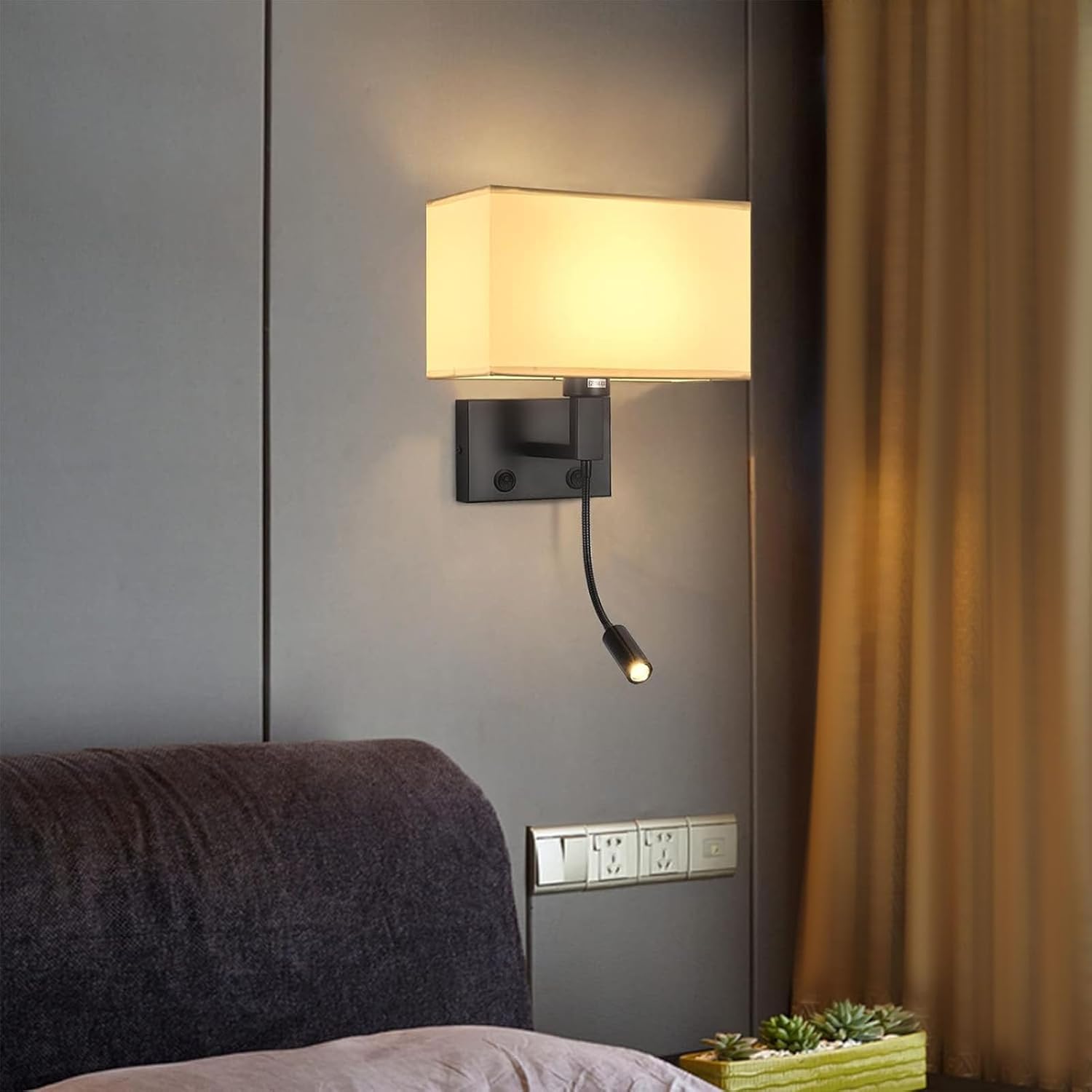 Bedside Wall Mount Light, Hardwired Modern Bedroom Wall Sconce Fixtures with Linen Lampshade, Reading Light Suitable for E27 E26 Bulb for Living Room Hotel Corridor
