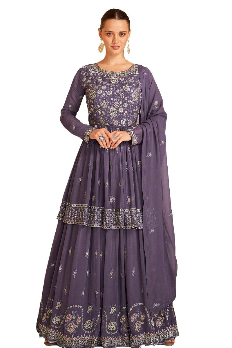 Women's Purple Faux Georgette Stitched Top With Stitched Bottom and Dupatta Full Sleeve Embroidered Flared Lehenga (SSW-1117-Purple)-image-48