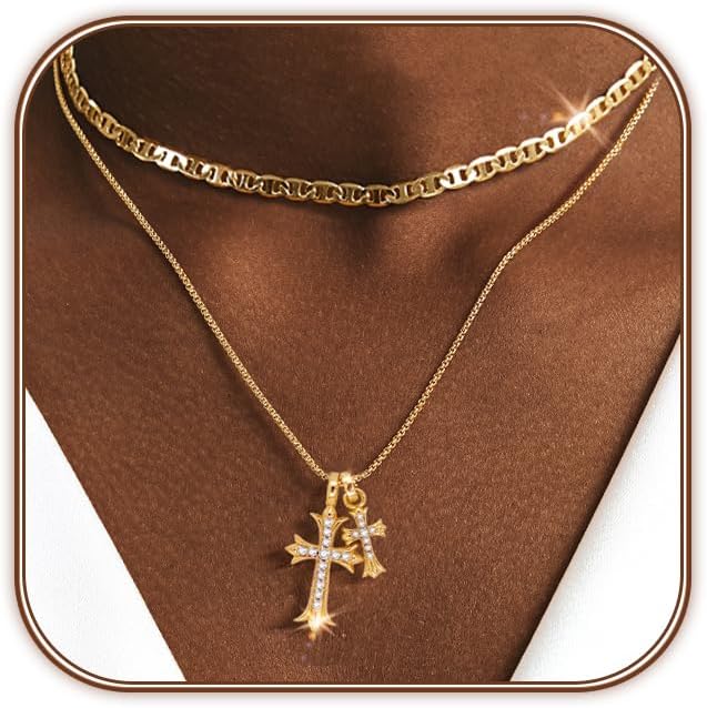 OGD Bubble Cross Necklace for Women 14k Gold Plated Cross Necklace Stackable Dainty Gold Necklace Mariner Chain Necklace CZ Cross Pendant Necklaces Set Simple Jewelry Gift - Image 2