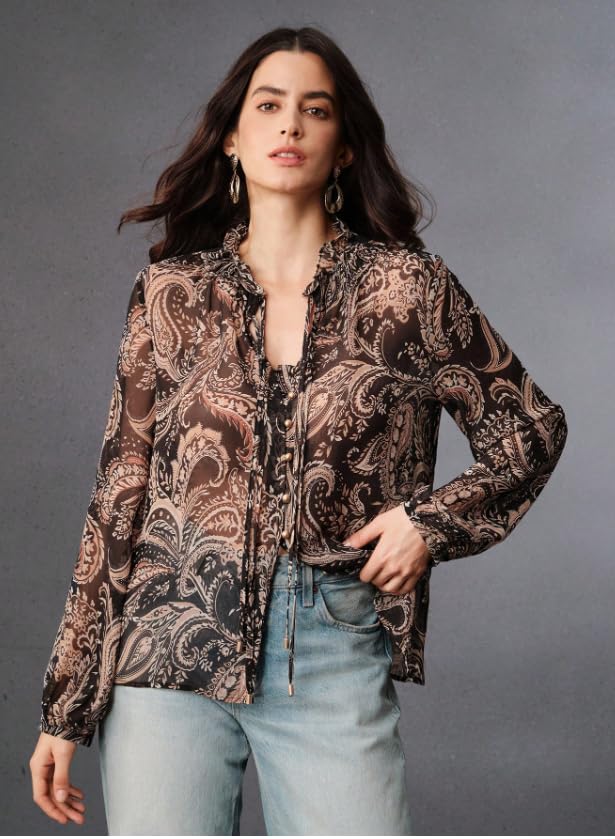 Image of Women Shirt ||Women Top || Cecily Paisley-Trim Button-Front Shirt (S-01-04)