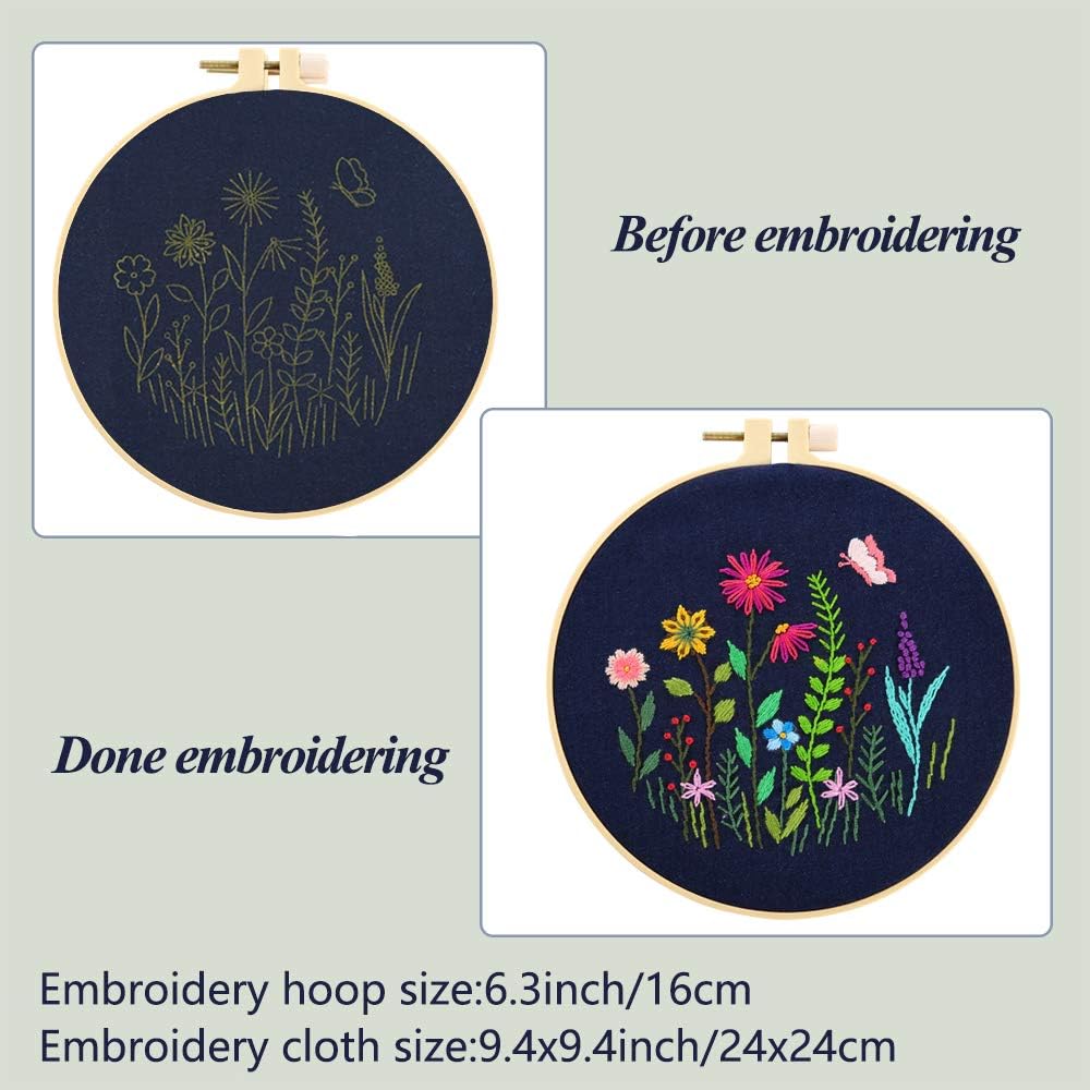 Pllieay Full Range Embroidery Starter Kit with Pattern and Instructions, Blue Embroidery Clothes with Floral Pattern, Plastic Embroidery Hoops, Color Threads and Tools