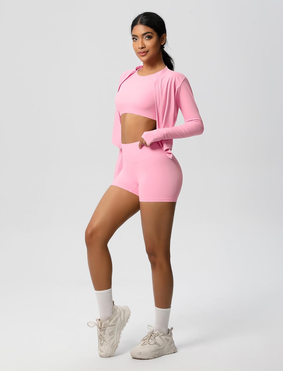 Workout Sets for Women 3 Piece Long Sleeve Zip Up Jacket, Shorts Crop Top, High Waisted Yoga Shorts Gym Athletic Sets